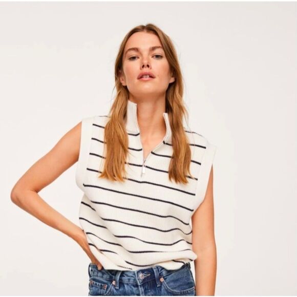 MNG by Mango Cream and Black Striped Quarter Zip Knitted Sweater Vest Size M - Picture 1 of 7